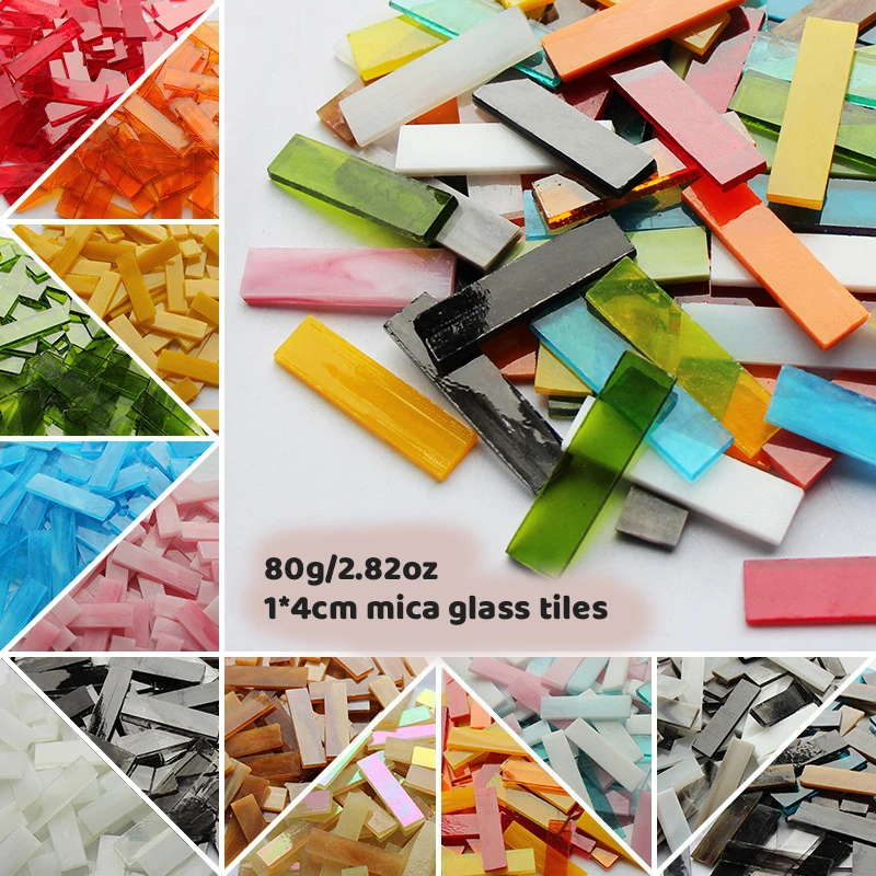 

80g/2.82oz (Approx. 30pcs) 1*4cm Mica Mosaic Tiles 3mm DIY Mosaic Craft Stained Glass Transcluent Strip Art Hobbies Materials