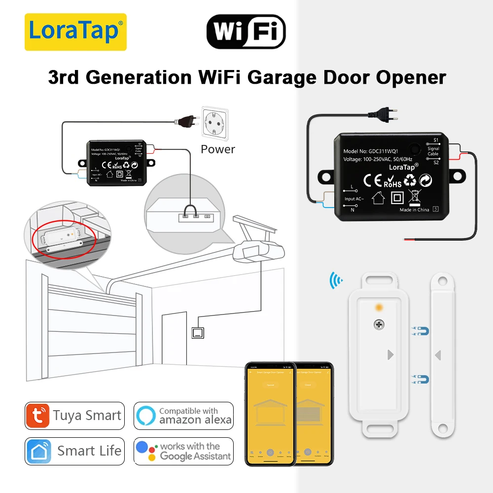 

LoraTap Tuya Garage Door Wireless Sensor Opener Controller Remote Control via Smart Life Google Home Alexa Voice Operate Support