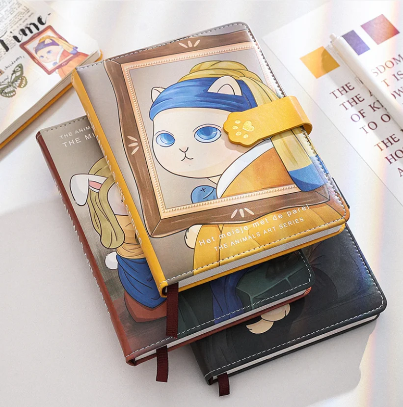 Van Gogh Mona Lisa Famous Painting Cartoon Funny Cat Notebook Notepad Diary Leather Pu Magnetic Buckle Color Various Inner Pages