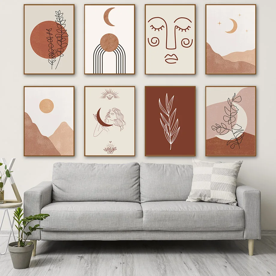 

Abstract Girl Face Leaf Sun Moon Mountain Nordic Posters And Prints Wall Art Canvas Painting Wall Pictures For Living Room Decor