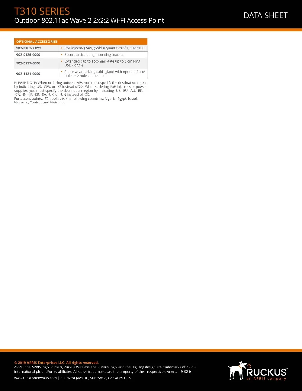 Ruckus wireless ZoneFlex T310c 901-T310-WW20(T310c, T310d, T310n, T310s) Наружная точка доступа 802.11AC, 2x2: 2 BeamFlex+ Двухдиапазонная