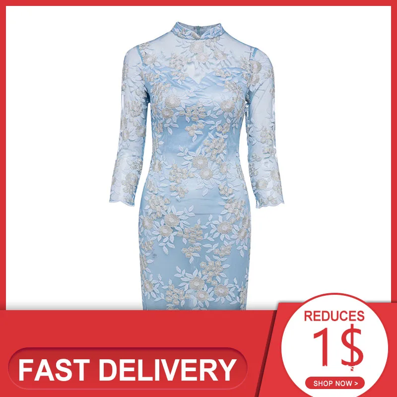 Dressv Элегантное коктейльное платье голубого цвета с высоким горлом и рукавами 3/4