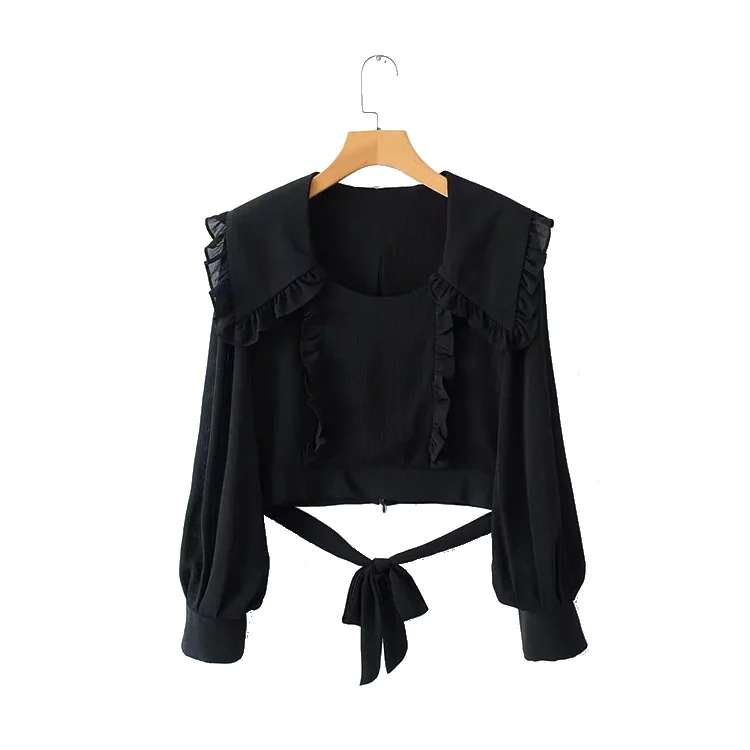 

Summer new va va voom wooden ear big lapel long sleeve slim belt short shirt woman womens tops and blouses womens sexy tops