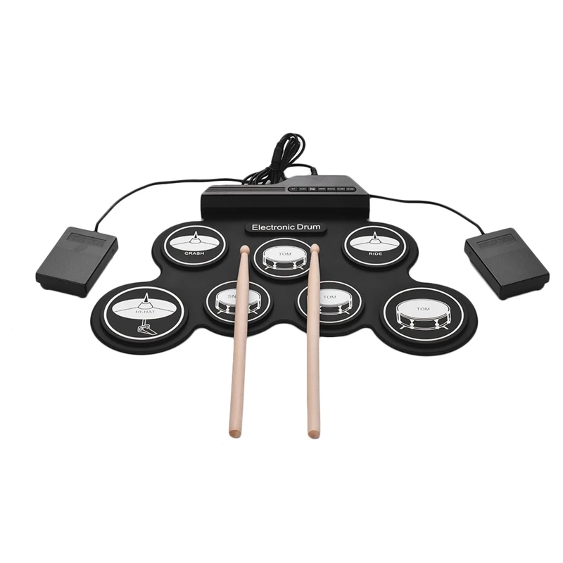 Compact Size Usb Roll-Up Silicon Drum Set Digital Electronic Kit 7 Pads With Drumsticks Foot Pedals For Beginners | Спорт и