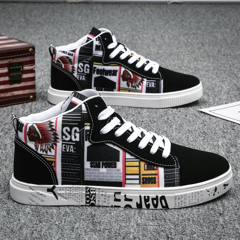 Brand New Men Sneakers High Top Women Fashion Casual Shoes Couple Printing Flat Walking Shoes Vulcanized Shoes Cool Street Shoes