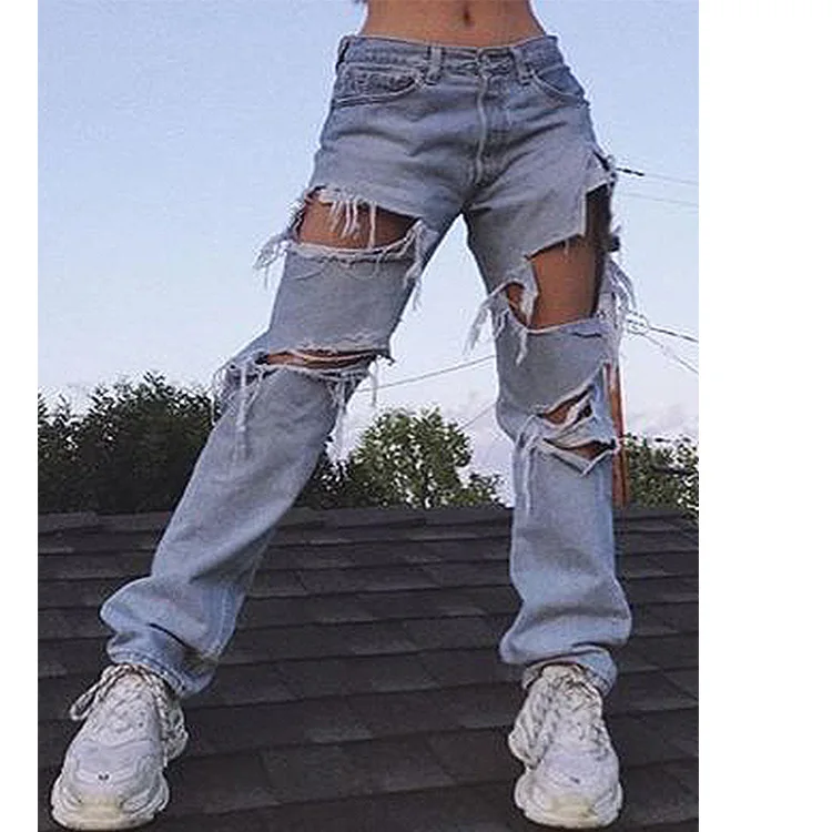 

Women Ripped Jeans, Adults Solid Color Straight-leg Pants with Pocket, Belt Loop (Blue)