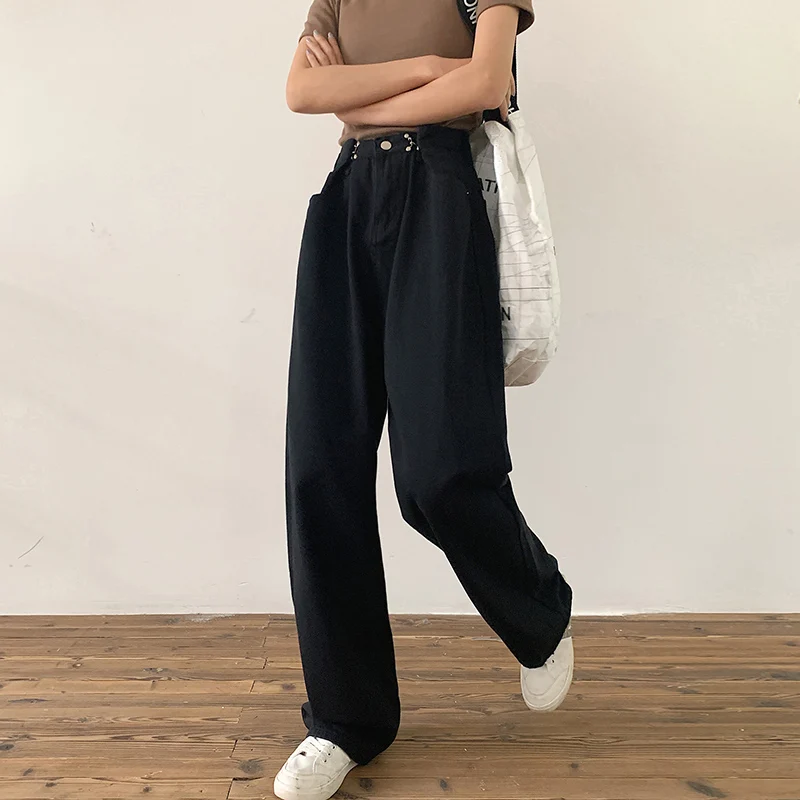 

Women Wide Leg New 2021 Casual Street Style cute Denim Ladie long Pants Jeans Vintage Retro able Quality Fashion solid trousers
