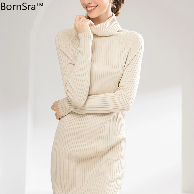 

BornSra New 2019 Women Long Dresses Spring Autumn Turtleneck Casual Straight Ladies Knitting Pullover Elegant Fashion