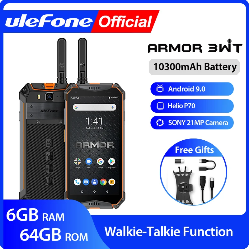 Смартфон Ulefone Armor 3WT, 6+64ГБ, с функциями рации, Android 9.0, камера 21МП, 2 сим-карты, чёрный/оранжевый