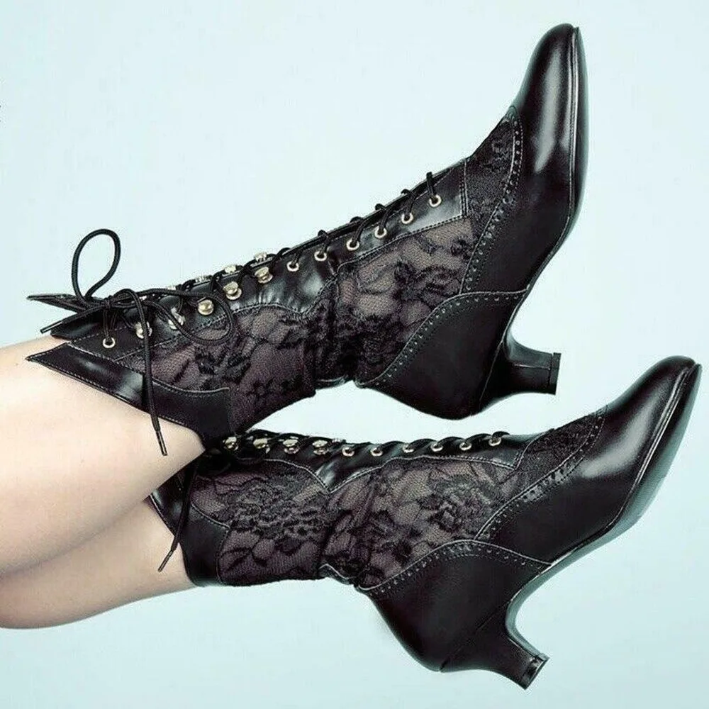 US4-11-Botas de media caña con punta puntiaguda para mujer, zapatos de tacón alto con cordones, estilo victoriano, Punk, talla grande