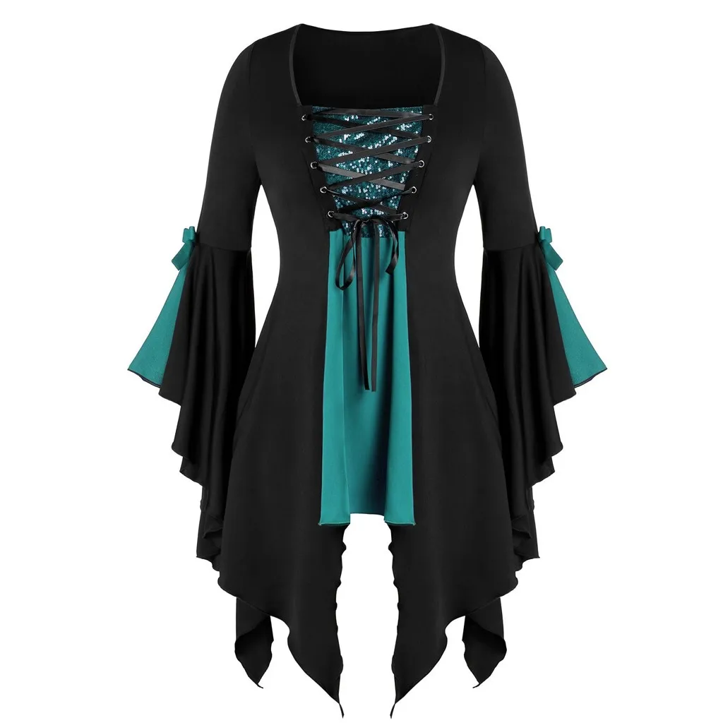 JAYCOSIN Women Plus Size Long Sleeve Tops Sequined shirts lace Up Gothic Tunic Tee Fashion Dress Lace Black Witch Top Mujer | Женская
