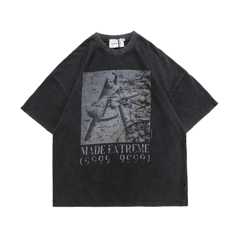 

Retro T Shirt Spring/summer New Pure Cotton Male and Female Neutral Retro Print Half-sleeve Wash Short Sleeves Oversized T Shirt