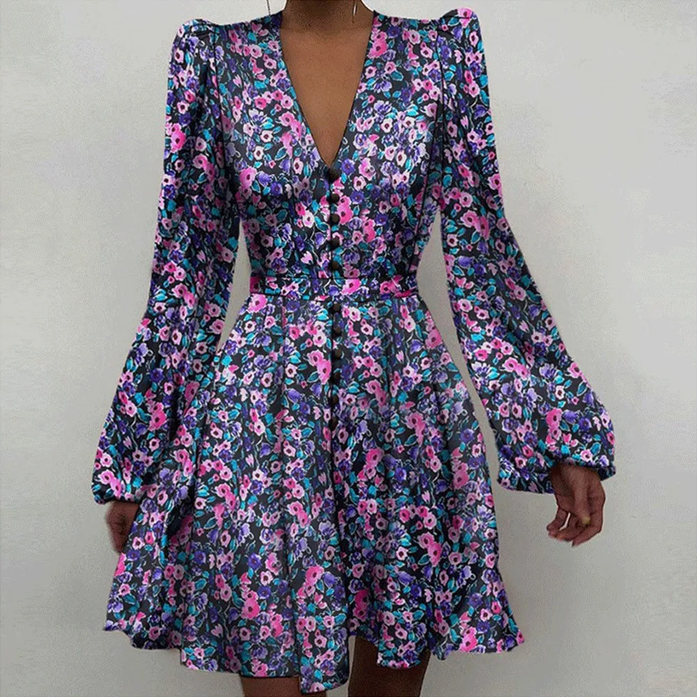 

Autumn Fashion Elegant Women Printing Long Sleeve Dress High Waist Button A-Line Mini Casual Loose V-Neck Party Dress Vestido