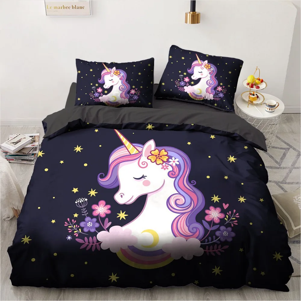 

Unicorn Bedclothes Custom Design Cartoon 3D Quilt Cover Sets Black Comforther Cover Pillow Covers King Queen Full Twin Size