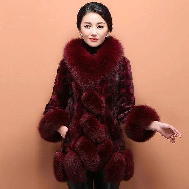 Women Fox Collar Vintage A-Line Burgundy Mink Fur Winter Coat High Quality Long Sleeves Jacket Thick Warm Silk Lining Outwear