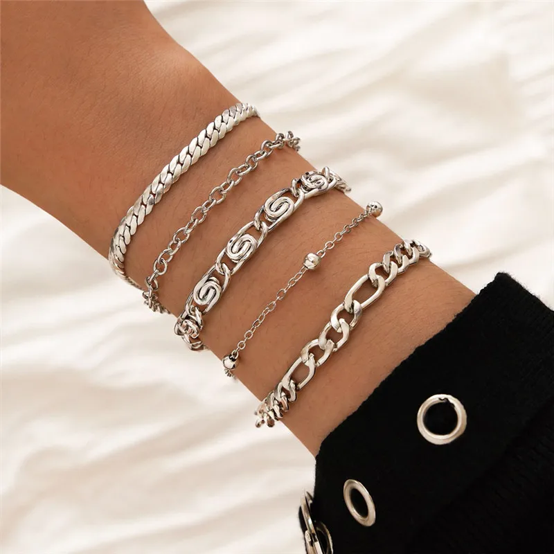 

HI MAN 5 Pcs/Set Simple Personality Small Round Beads Snake Bone Bracelet Women Fashion Charm Punk Party Jewelry