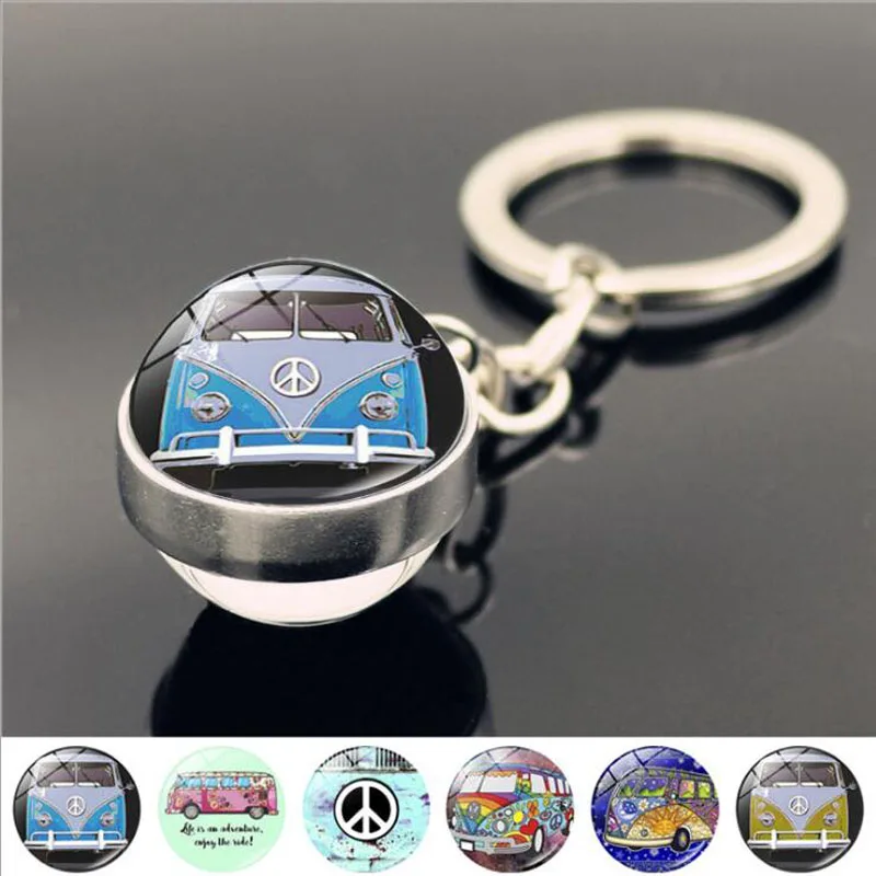 

WG 1pc Peace Sign Car Time Gem Metal Keychain Cabochon Glass Ball KeyChain Keyring Pendant Jewelry For Women