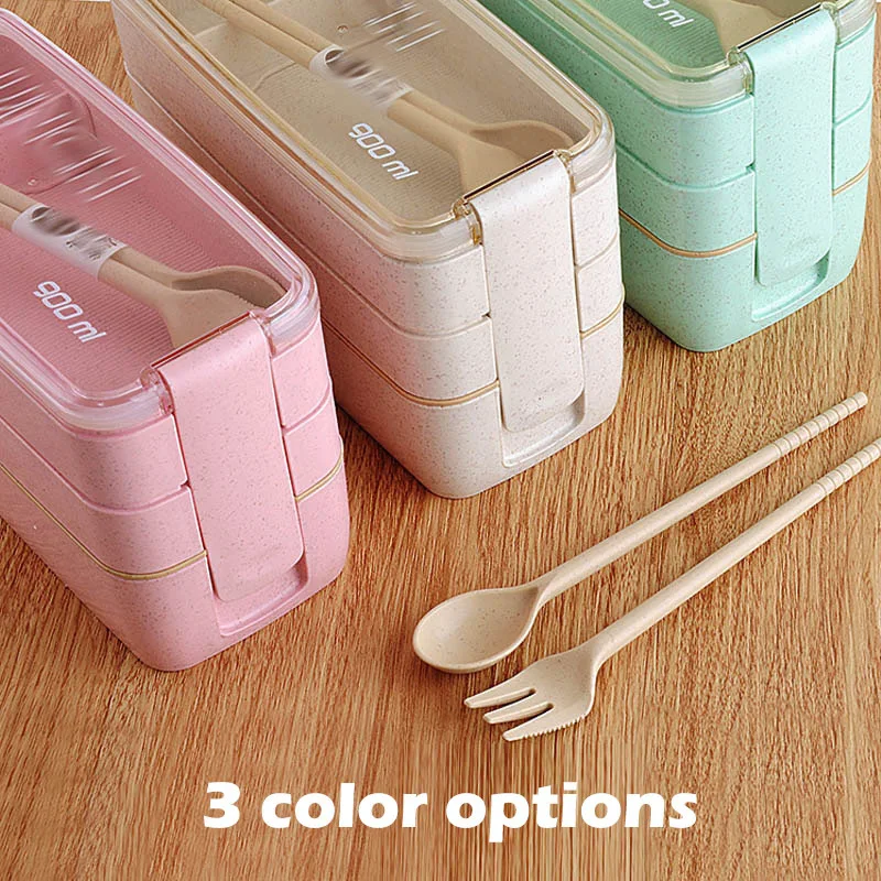 900 мл здоровый материал Ланч-бокс 3 слоя пшеничной соломы Bento коробки микроволновая посуда контейнер для хранения продуктов Ланчбокс с ложкой