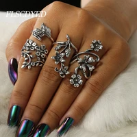 flscdyed punk gothic flowers rings set for women vintage geometric silver color plated retro rhinestone charm billiards jewelry