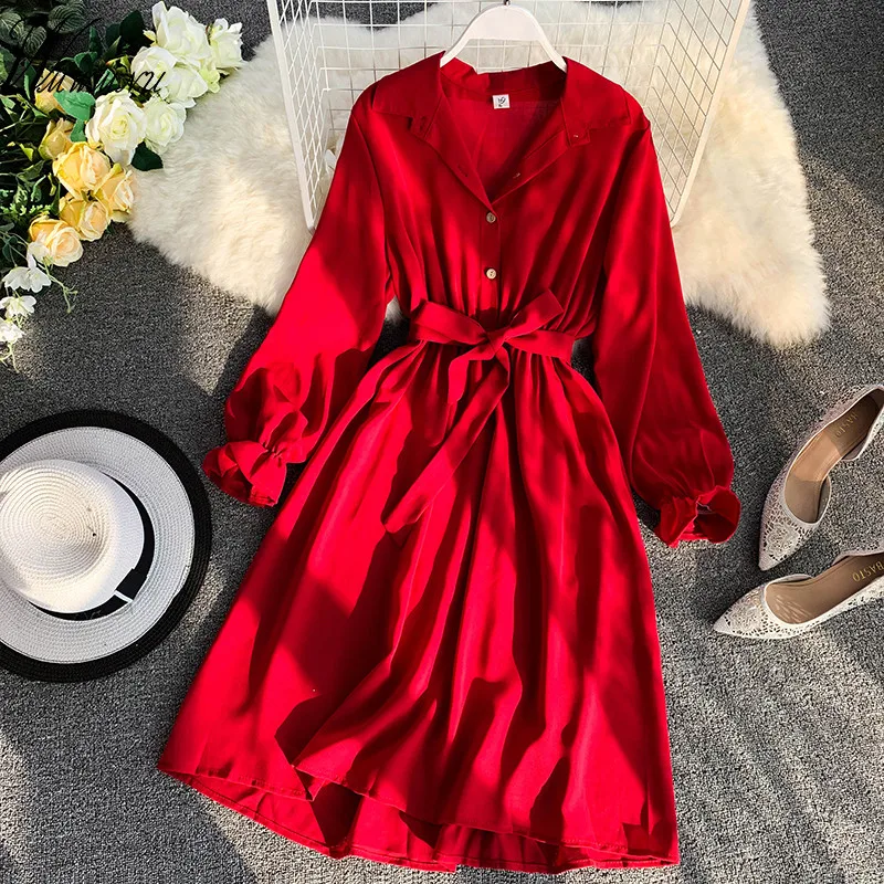 Весна 2020 красное платье рубашка с длинным рукавом женское однотонное Черное