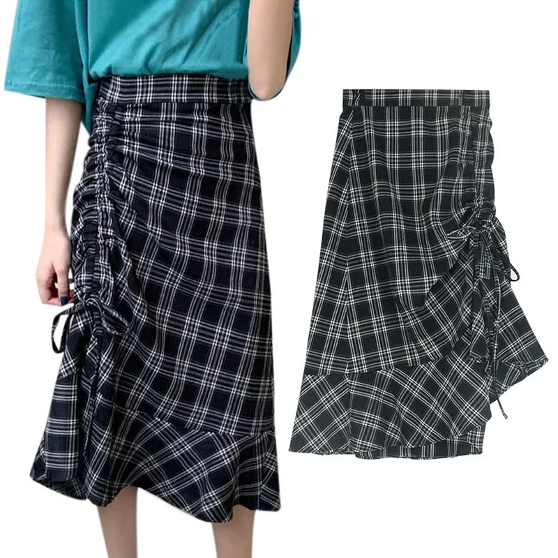 

Harajuku Women Fashion Summer High Waist Plaid Ruffle Skirt Female Vintage Trumpet Skirts Women's Clothing Dropshipping
