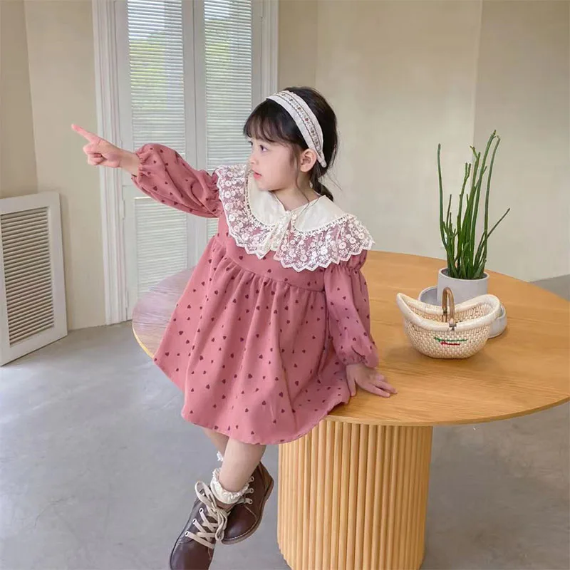 

Детское платье принцессы Keelorn, Новинка осени 2021, повседневный костюм, детская кружевная одежда с воротником и принтом Love