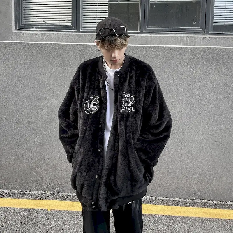 

Baseball Uniform Rabbit Fur Punk Letter Embroidery Japanese Jacket Men Casual Harajuku Vintage All-match Lovers Streetwear Men