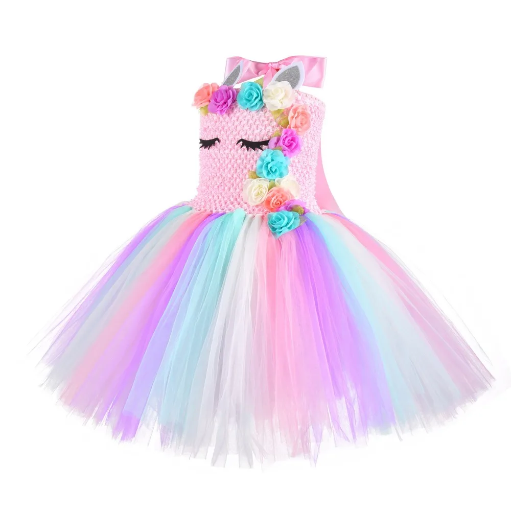 purim kids rainbow unicorn dress with flower angel wings party dress for girl princess costume ball gown baby girls pony costume free global shipping