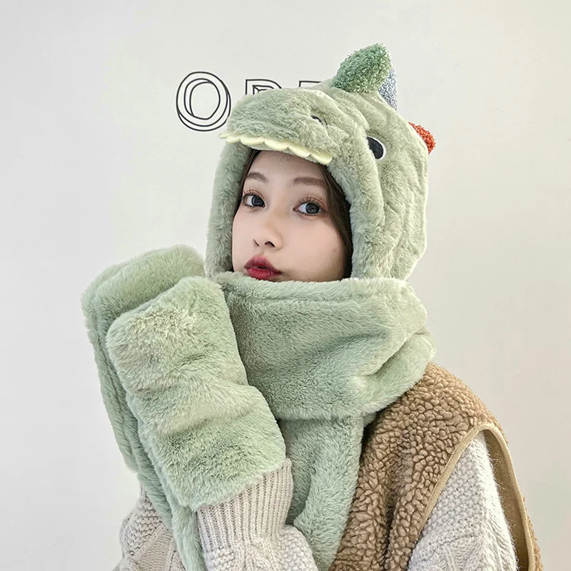 

2021 Women Fashion Cute Cartoon Dinosaur HatImitation Mink Cap Girl Winter Warmth Thickened With Scarf Gloves Hat