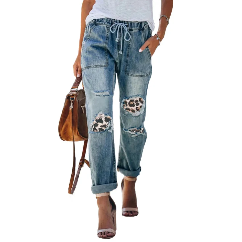 

Summer Women's Casual Blue Jeans Pattern Printed Loose Ankle-length Wide Leg Straight Pants Holes Tight Waist Denim Women