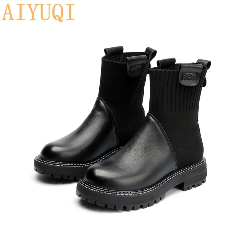 

Genuinne Leather boots women 2021 spring new retro casual boots women's Martin boots British style socks women's boots