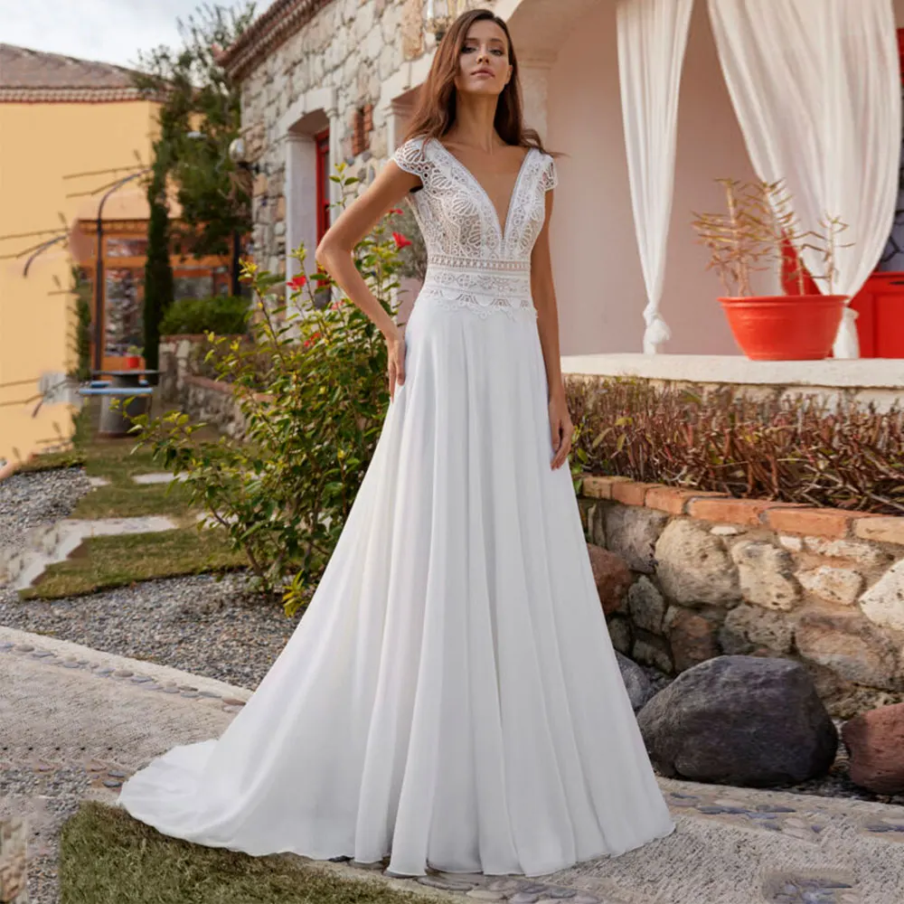 

Modest Bohemian Wedding Dress Sexy Cap Sleeve V Neck Lace A Line Bridal Gowns Robe De Mariee Custom Backless Vestido De Noiva