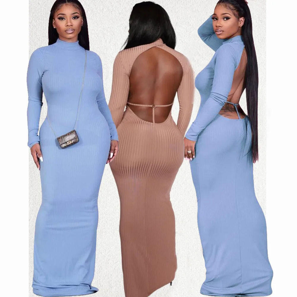 

Echoine Solid Long Sleeve Ribbed Stretch Long Maxi Dress Sexy Skinny Backless Party Dresses Elegant Robe Autumn Bodycon Vestidos
