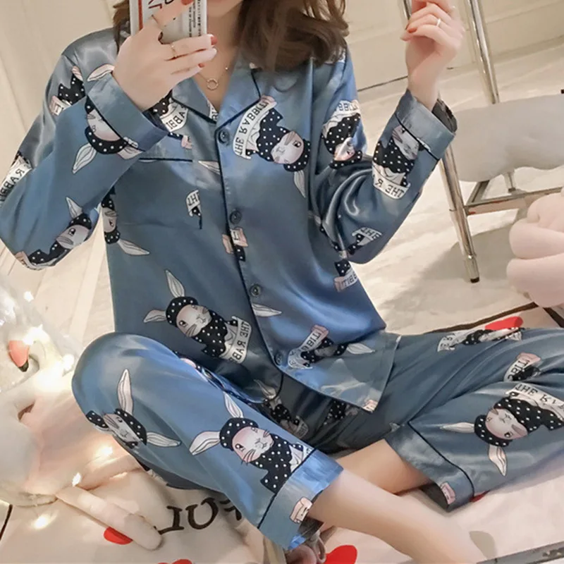 

Satin Silk Pajamas for Women's Set pyjamas Button Printed Pajama set Winter and Autumn Sleepwear Nightwear 2Pcs 2021