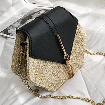 black Новые соломенные сумки для женщин pu кожаная сумка шестиугольник MulitStyle летняя плетеная пляжная богемная плетеная Сумка bolso mimbre - Цвет: black