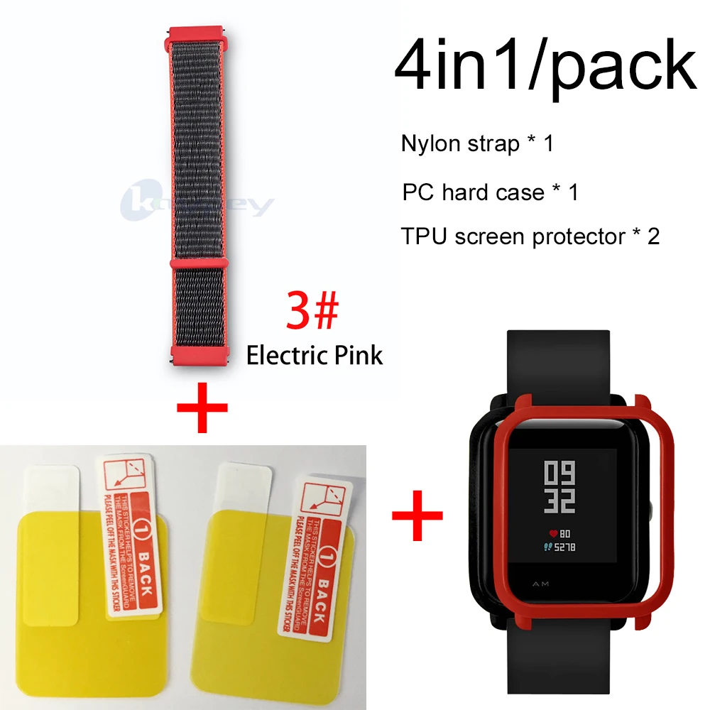 3-Red case 4в1 для Xiaomi Huami Amazfit ремешок bip браслет нейлоновая петля Smartwatch Браслет amazfit bip чехол с защитой экрана - Цвет: 3-Red case