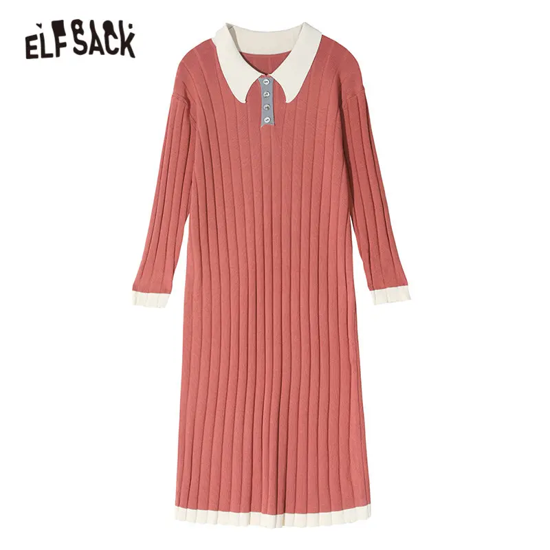 

ELFSACK Black Solid Button Knit Casual Dresses Women 2020 Spring Red Colorblock Vintage Drop Shoulder Sleeve Ladies Daily Dress