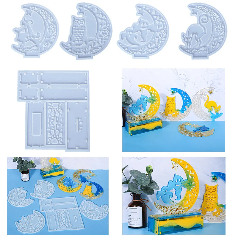 

DIY Moon Resin Casting Mold Ghost Witch Owl Silicone Epoxy Resin Mold With Base Christmas Decoration Decoration Making Mold