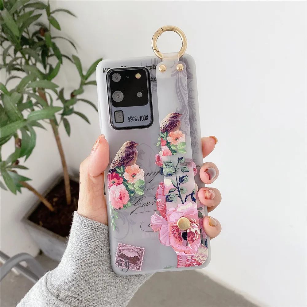 

Flowers Case For Samsung Galaxy S20 FE S21 Plus Note 20 Ultra With Wrist Strap Coque For Galaxy S10E S9 S8 Plus S10 Note 10 Lite
