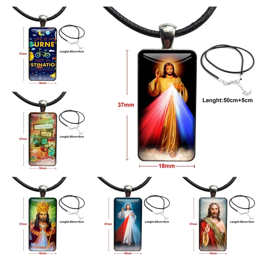 

For Unisex Party Gift Divine Mercy Jesus Poster Steel Color Glass Cabochon With Rectangle Shaped Pendant Choker Necklace