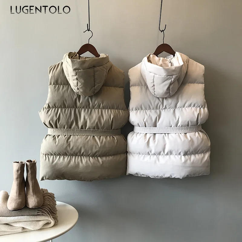 Lugentolo, женский теплый жилет, новая Корейская версия, Осень-зима, с капюшоном, свободный пояс, молния, кнопка, карман, Повседневный, модный, простой жилет