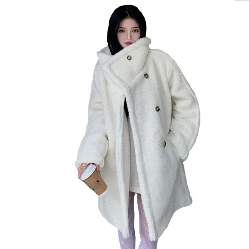 

Winter Overcoat Jacket Women 2021 New Thick Velvet Warmth Outerwear Lady Plush Fried Street Medium Long Lamb Wool Parka Coat