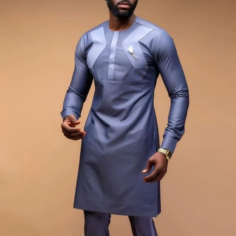 

African Fashion Casual Dashik Geometric Pattern Stitching Long Sleeve Round Neck Youth Long Shirt Men's Shirt