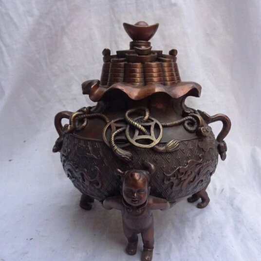 ---518+++10&quot Chinese Pure Bronze Dragon RuYi Coin Statue Kid Child Incense Burner Censer | Дом и сад