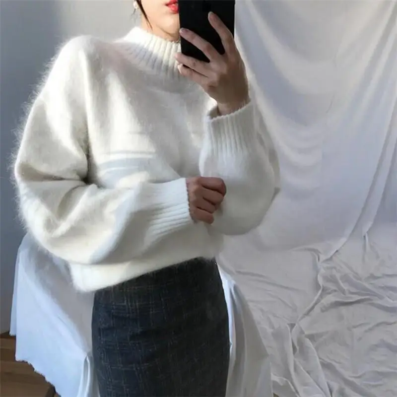 Korean Mink Cashmere Oversized Sweaters Elegant Solid Hairy Knitted Pullovers Casual Harajuku Loose Turtleneck 2019 | Женская одежда