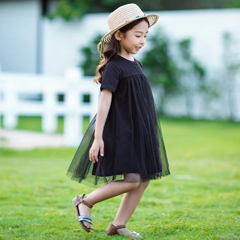 Black Mesh Patchwork Dresses For Girls Summer 2022 Short Sleeve Dress Clothing Teenage Girl Knee Length Cute Clothes | Детская одежда и