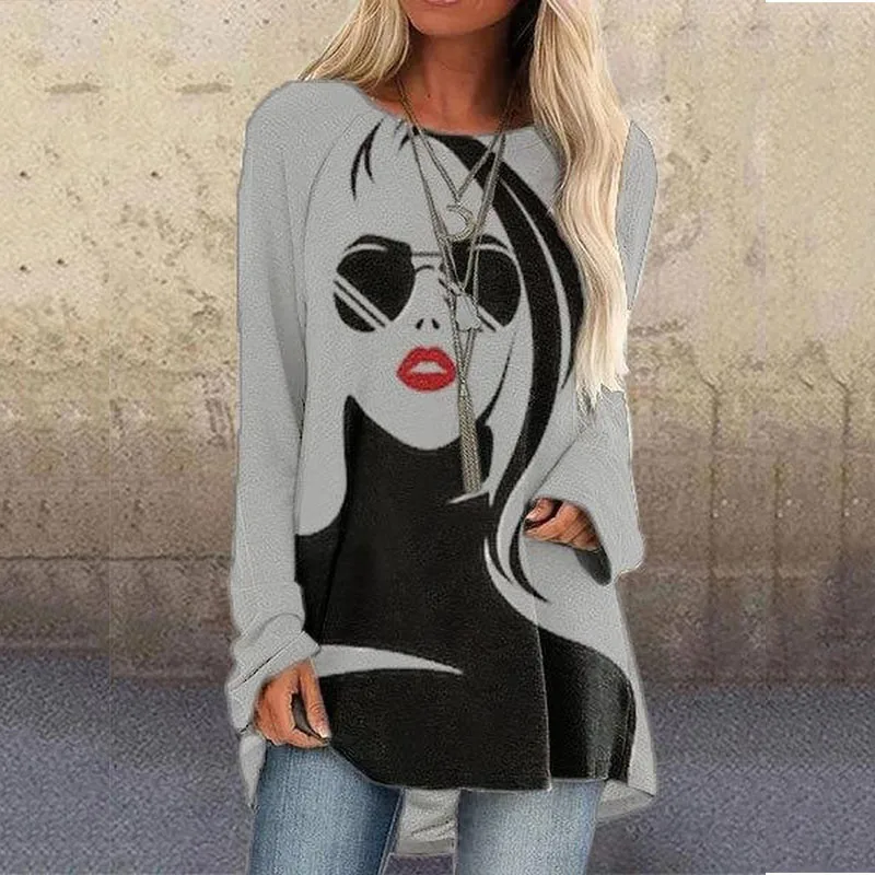 

Vintage White Abstract Face Print Long Sleeve Summer Spring Tops for Women 2021 Plus Size Loose Pullover Fashion Punk Clothes
