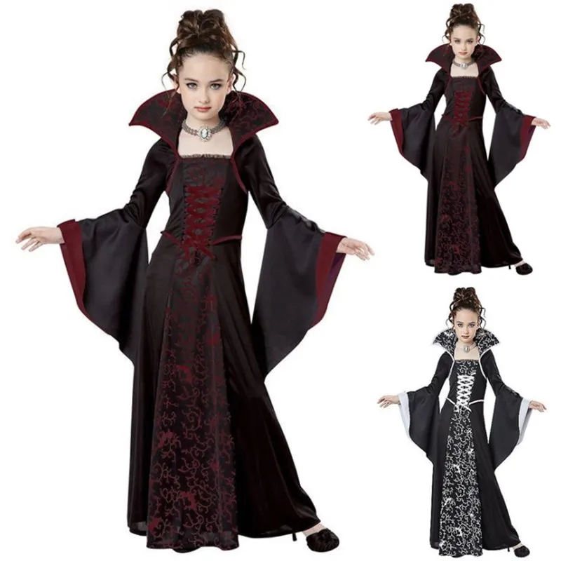 Party Long Sleeve Halloween Costumes for Kid Girl Medieval Cosplay Vintage Court Princess Witch Middle Ages Carnival Dress | Детская