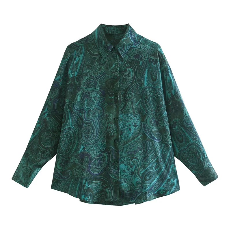 

ZXQJ Elegant Women Green Long Sleeves Satin Shirt 2022 Spring Fashion Ladies Pendulous Flower Print Vintage Female Chic Shirts