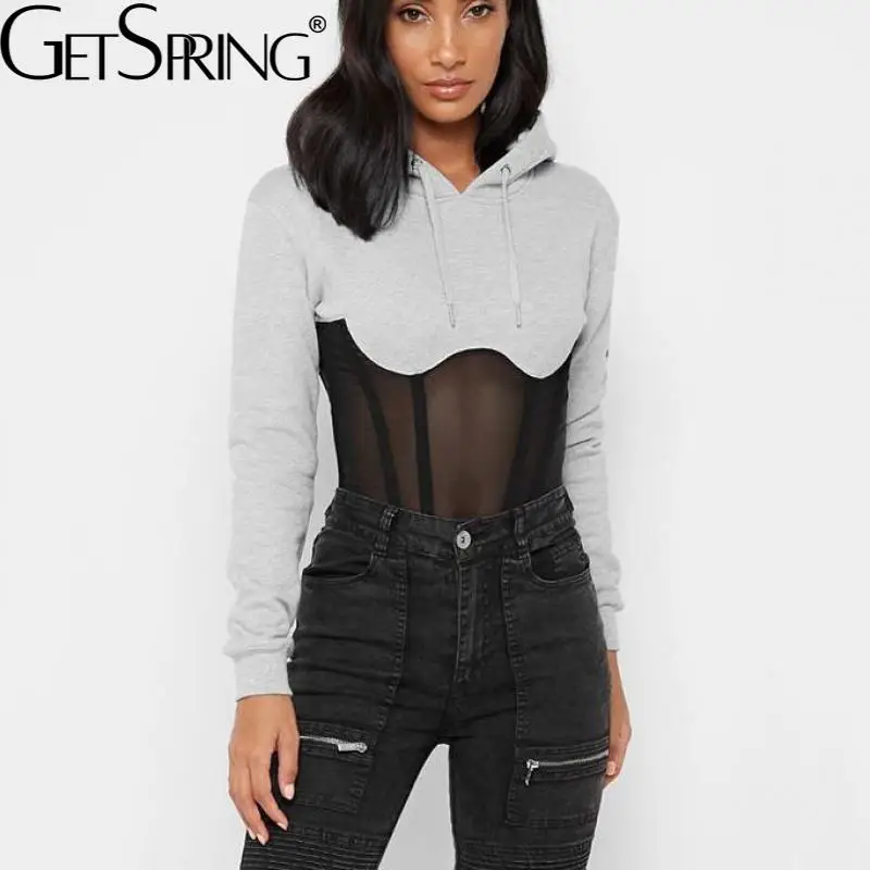 

Getspring Women Hoodies Patchwork Casual Corset Sweatshirt Coats Irregular Black White Hooded Perspectiv Short Hoodies Top 2021
